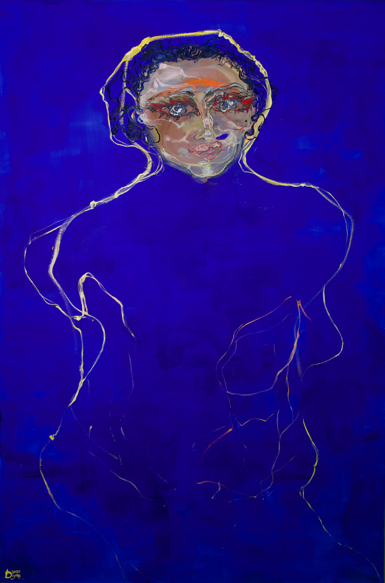 Firemark, 2026 — oil on canvas. A bust-length figure on a deep blue ground, the head painted in warm flesh tones with red and dark curling marks around the eyes, the shoulders and torso drawn only in thin yellow contour lines.
