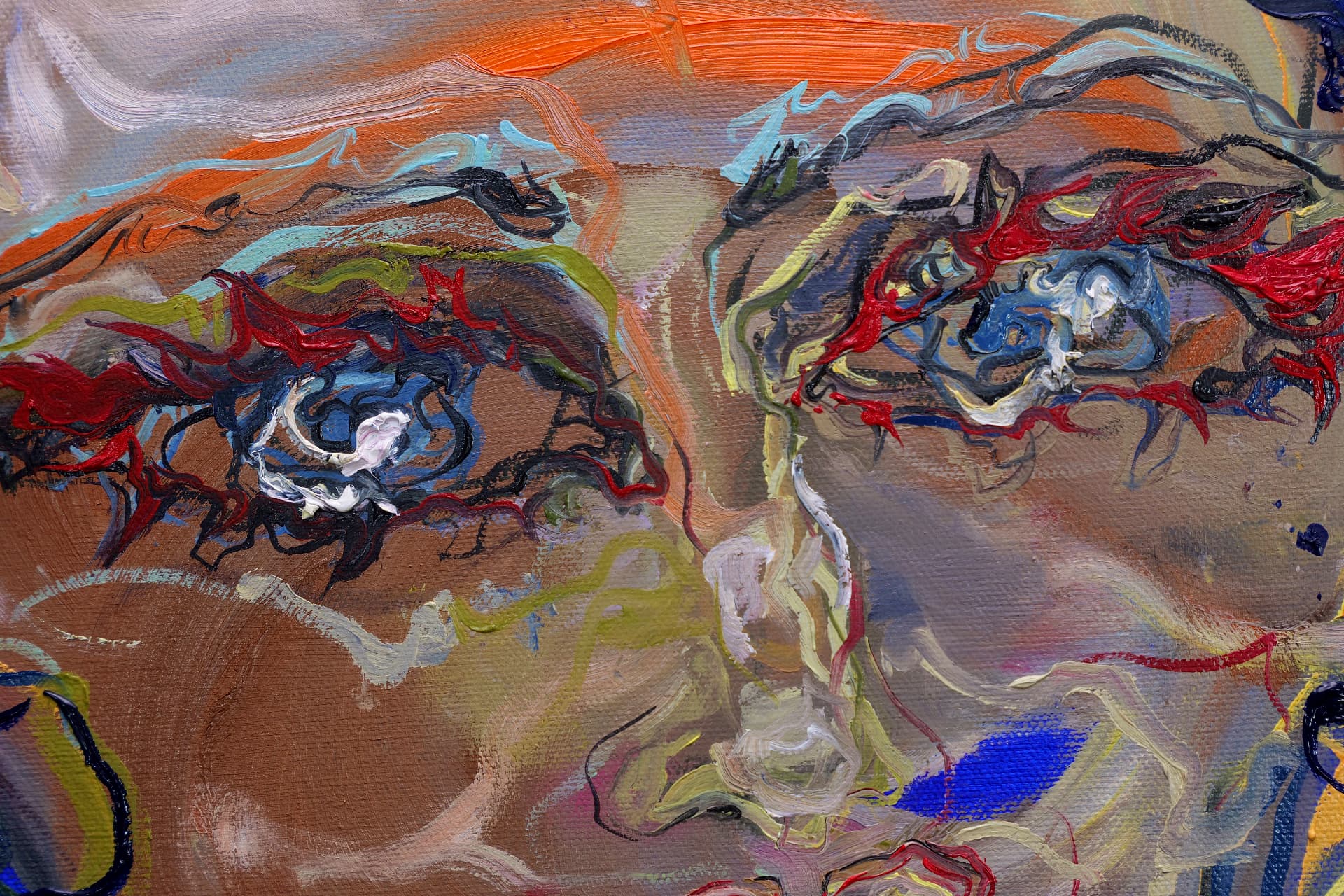 Firemark — both eyes and the bridge of the nose, built from red, blue and white impasto strokes.