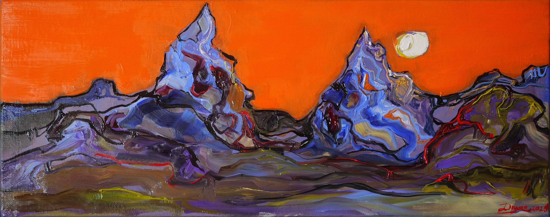Witness Mountain, 2025 — oil on canvas. A wide, narrow panorama of two black-outlined blue peaks beneath a flat, saturated orange sky with a pale sun.