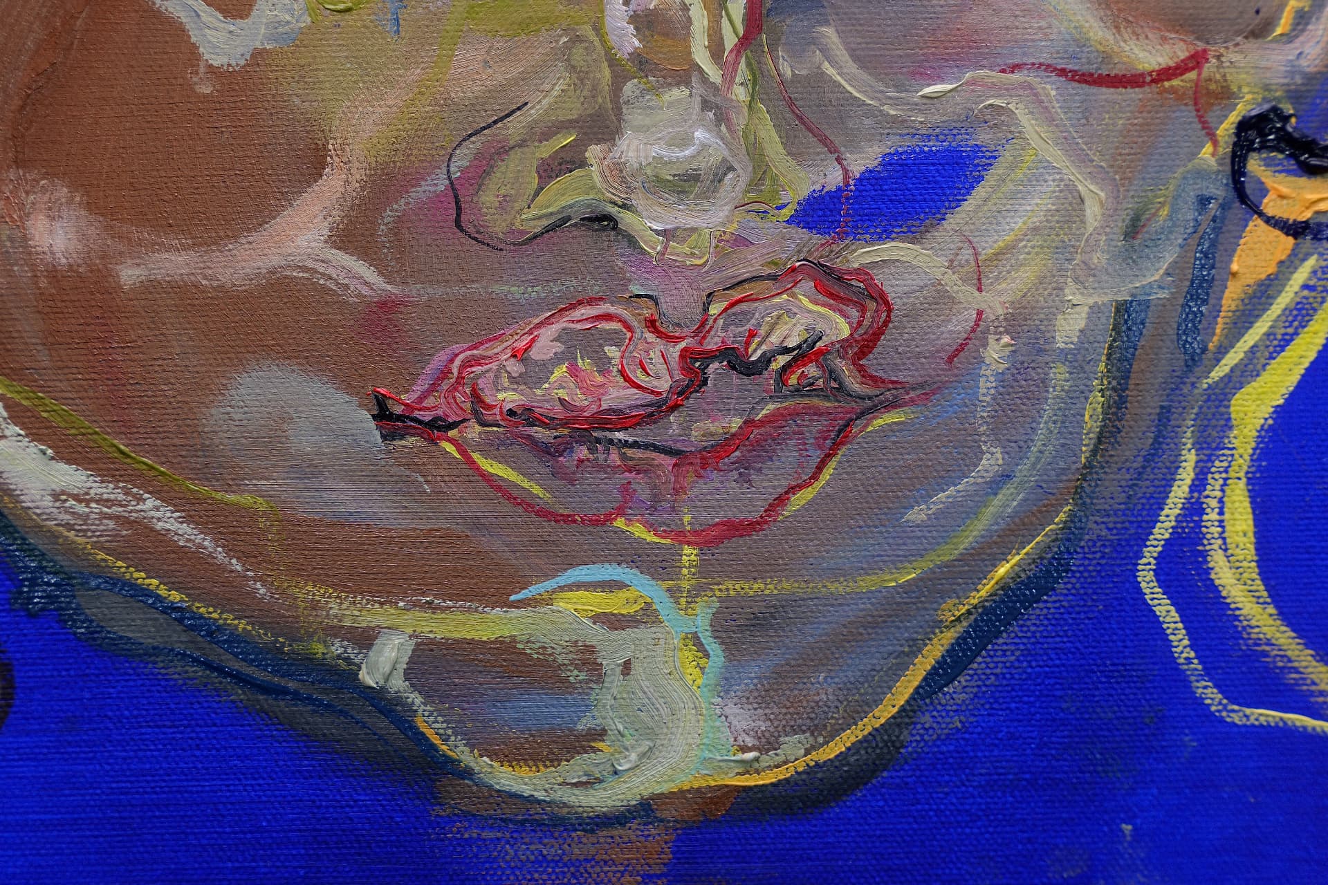 Firemark — the mouth and chin, with red and black contours drawn over pale layered paint.