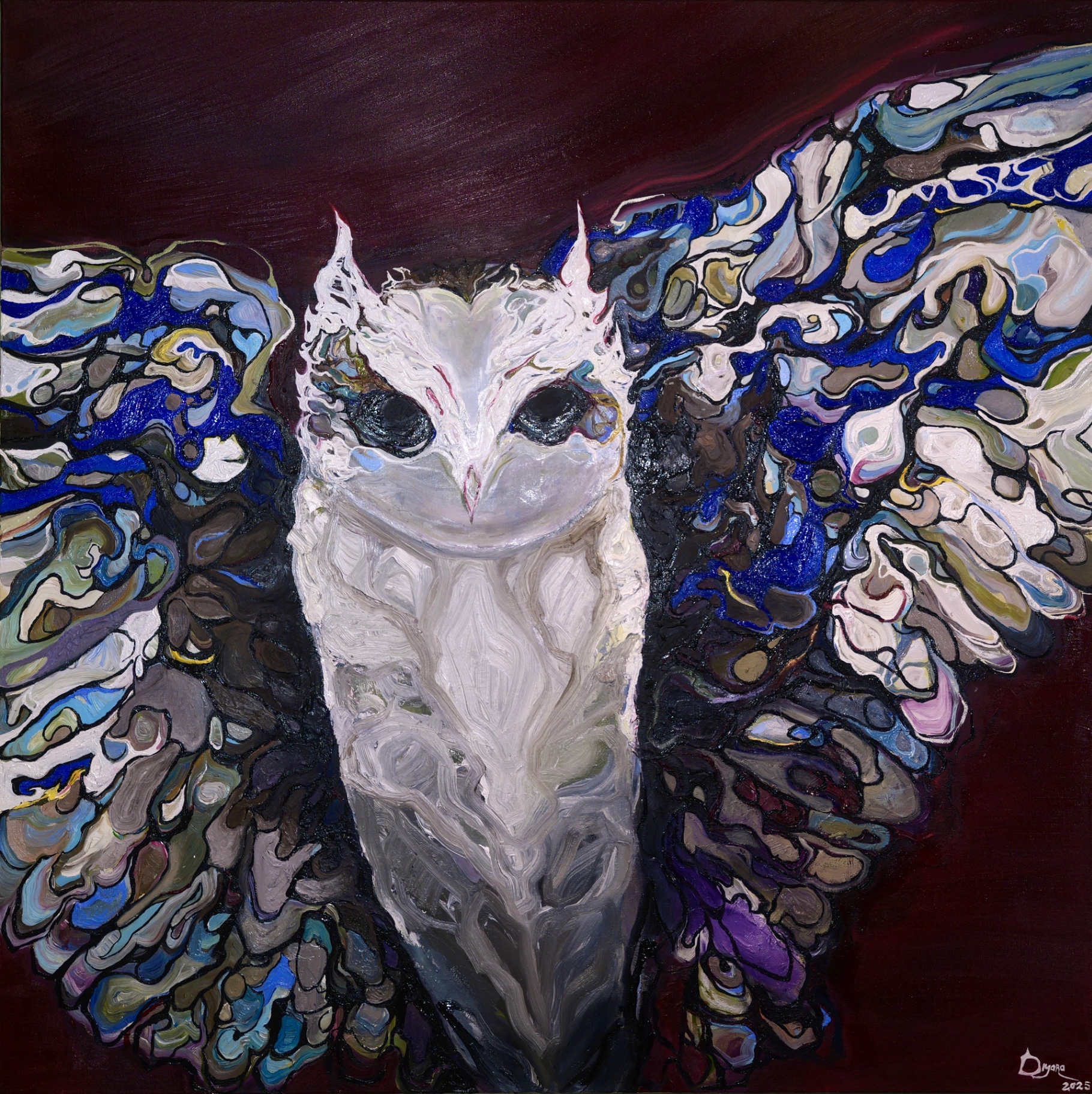 A frontal portrait of a white owl with wings spread wide against a deep oxblood ground; the plumage dissolves into intricate blue, black, and earth-toned marbled patterns.