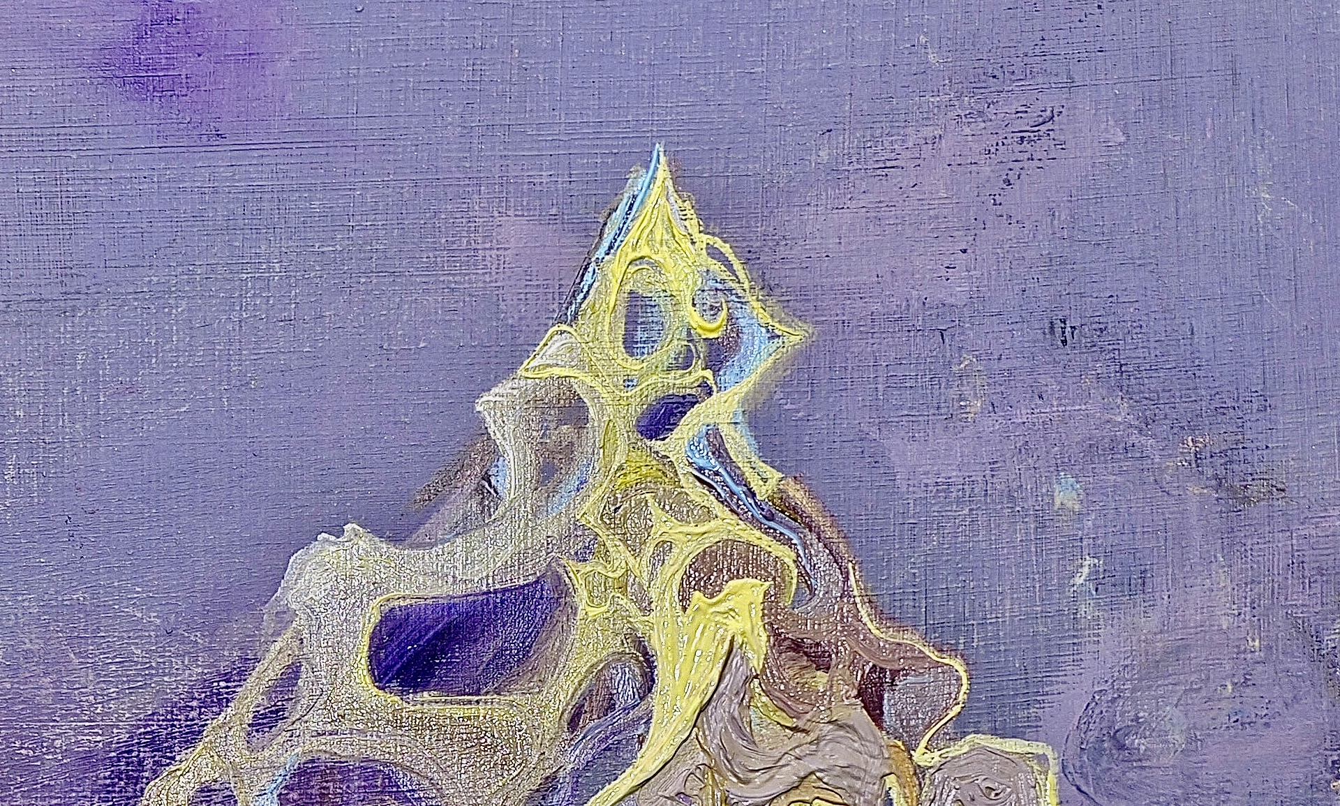 Quiet Voltage — close detail of a single peak, its yellow and pale-blue impasto tracery rising from a soft violet ground.