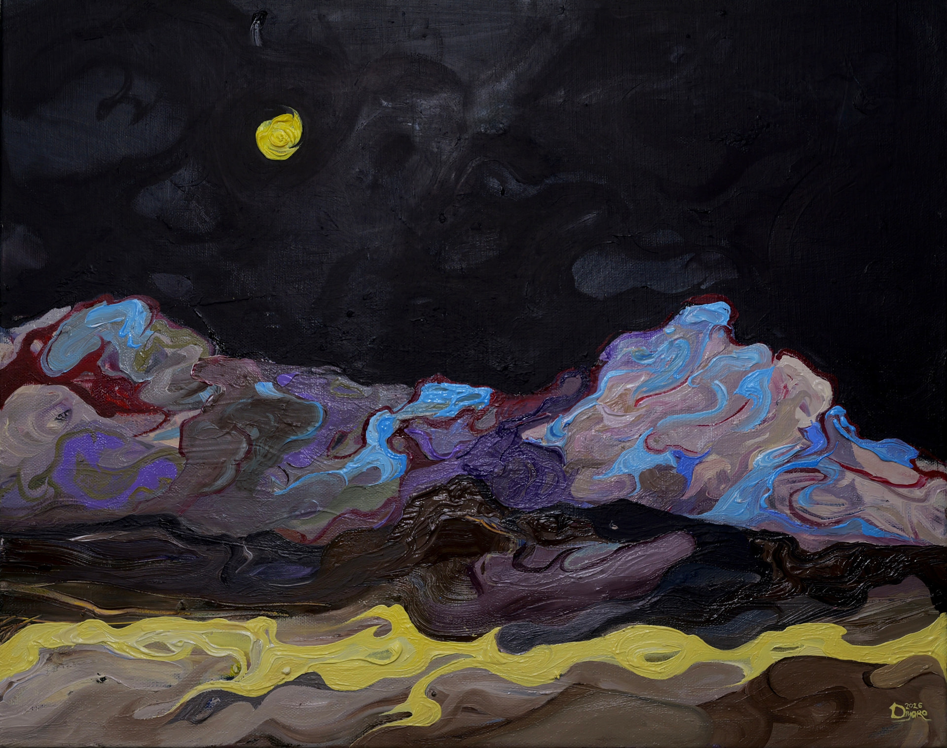 Eclipse Night, 2026 — oil on canvas. A dark mountain range under a yellow moon, with violet-black sky and rose, blue and ochre ridgelines.