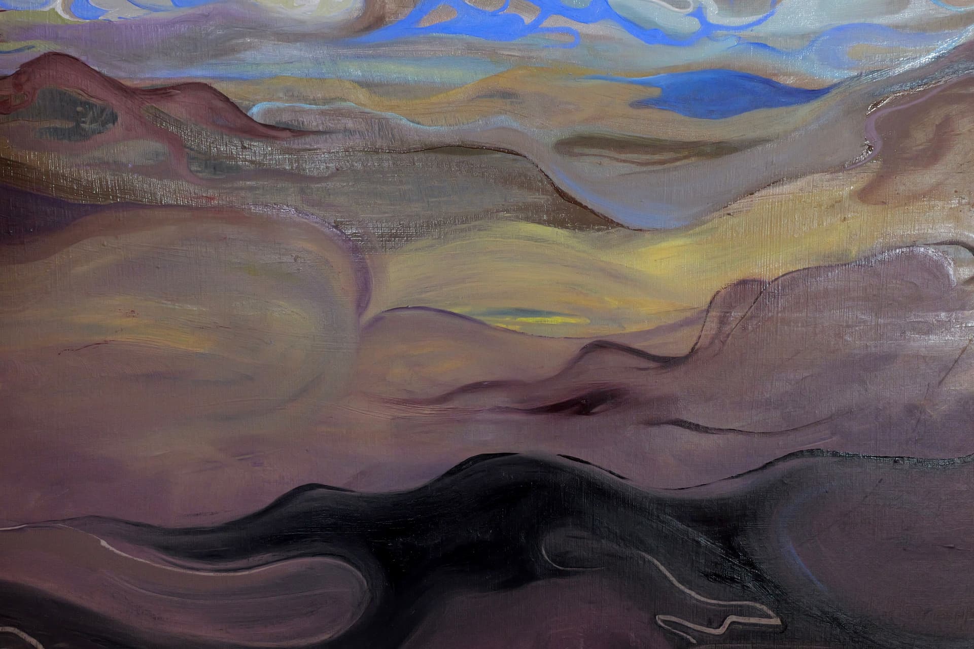 The Last Shape — detail of the foreground, showing soft mauve and umber passages beneath a band of blue sky.