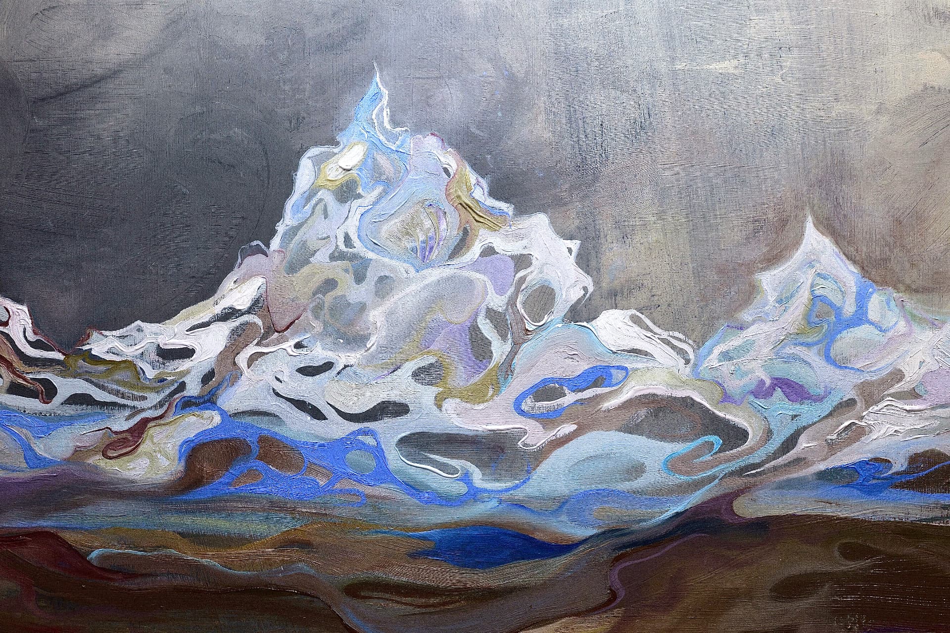 The Last Shape — detail of the central peaks, showing white, blue and ochre impasto ridgelines against a grey sky.