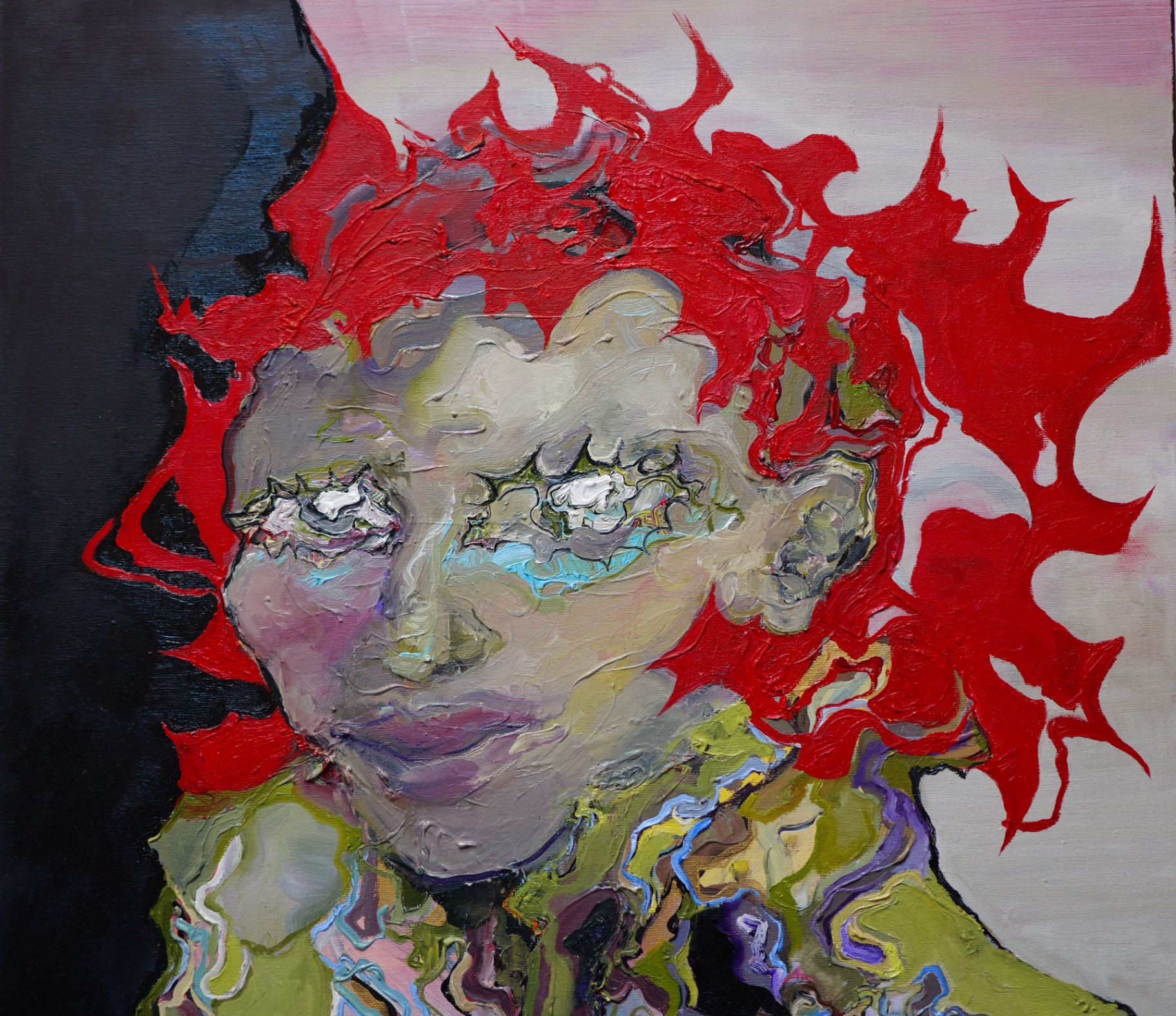 The Refugee, 2024 — close-up detail of the face and red flame-like hair, showing thick impasto brushwork.