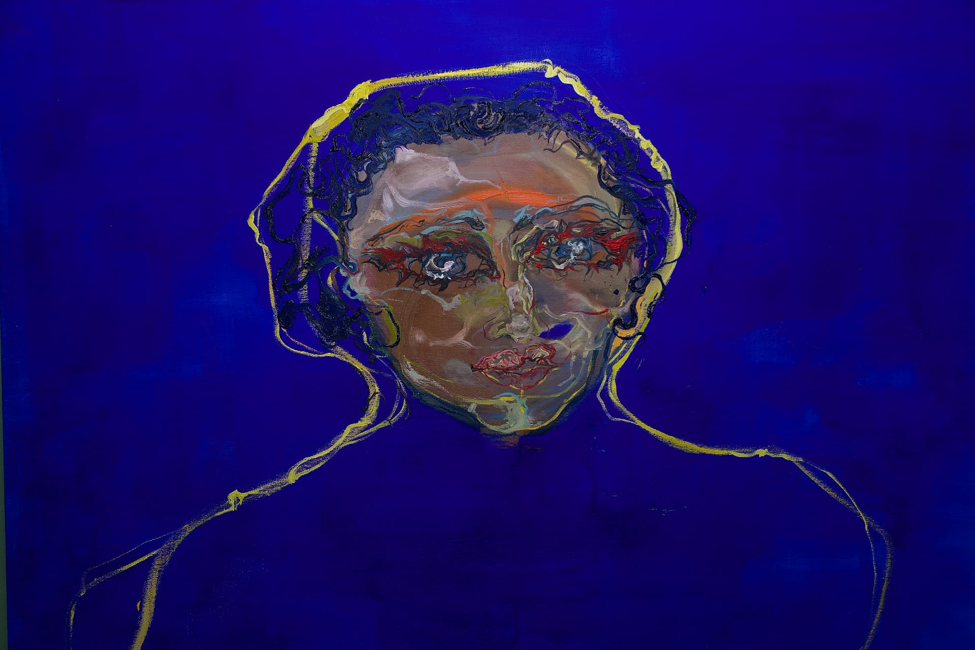 Firemark — the head and shoulders seen against the blue ground, with the yellow contour line running across the chest.