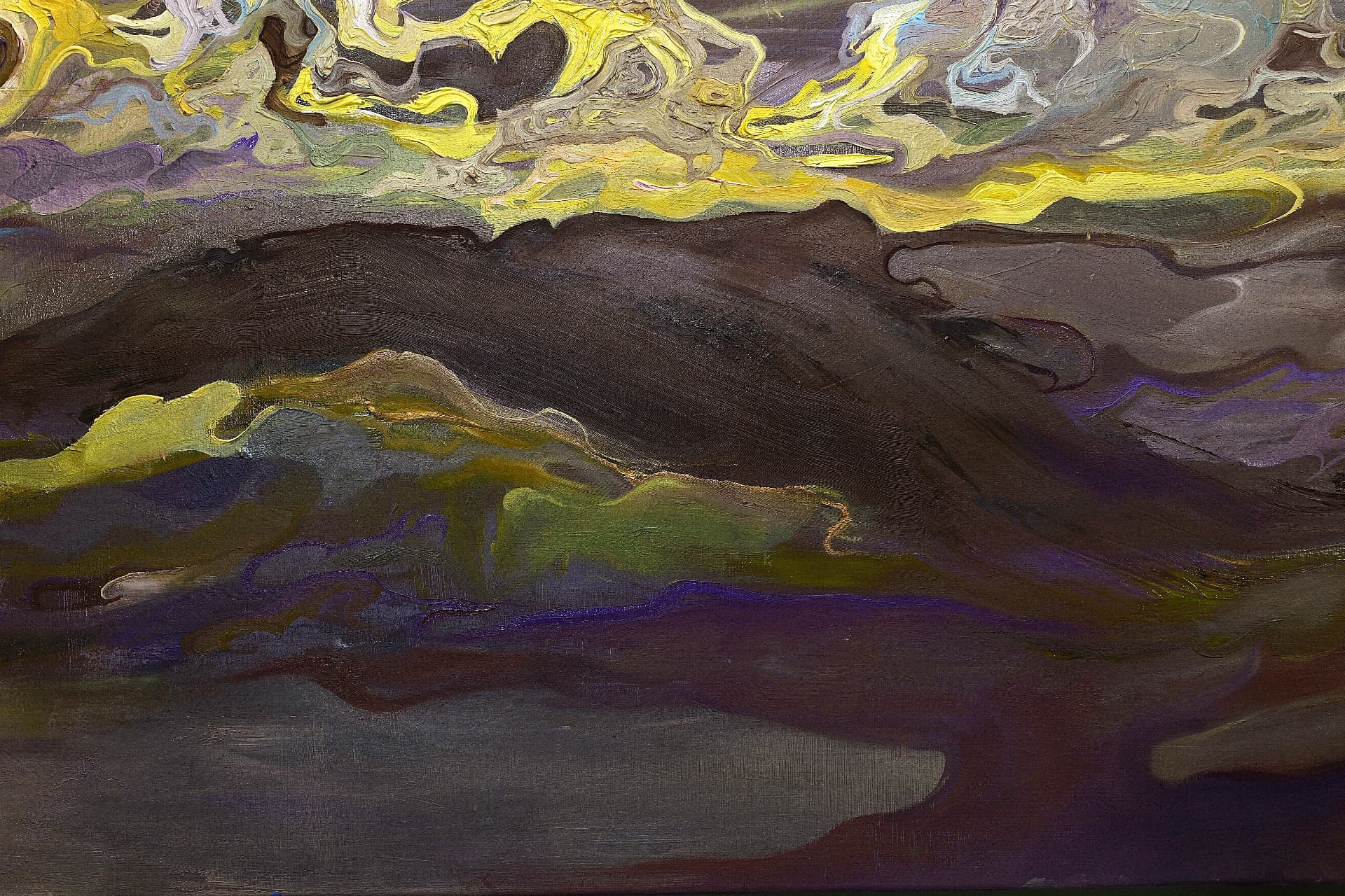 Quiet Voltage — detail of the lower slopes, showing soft brown and violet passages beneath yellow ridgelines.