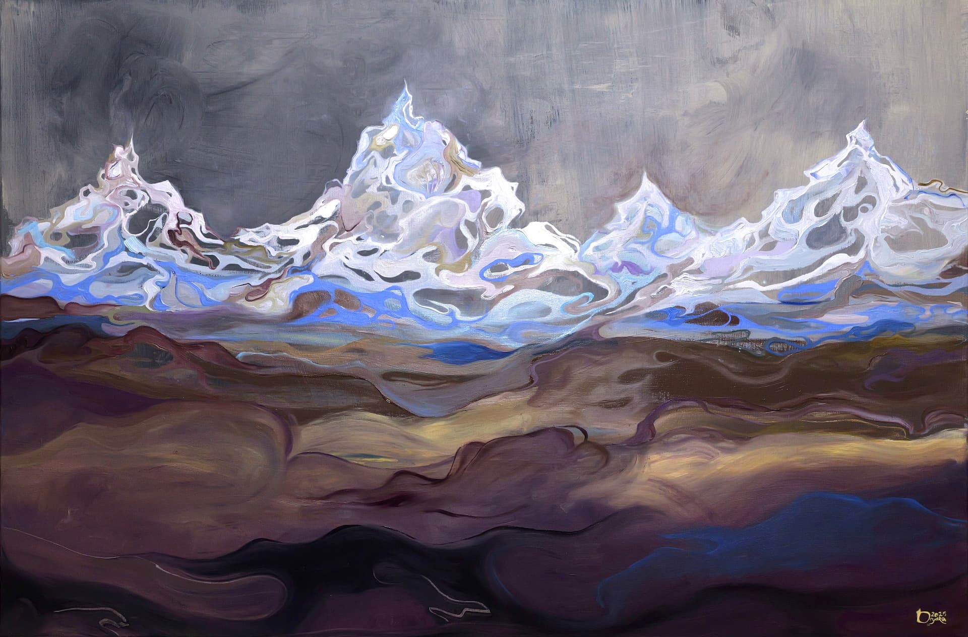 The Last Shape, 2026 — oil on canvas. Layered pale mountain peaks rise through blue, grey and ochre passages beneath a muted sky.