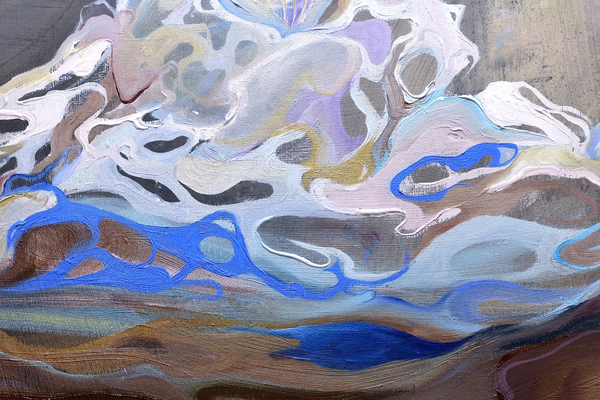 The Last Shape — detail of the lower slopes, showing cobalt and brown currents beneath pale marbled forms.