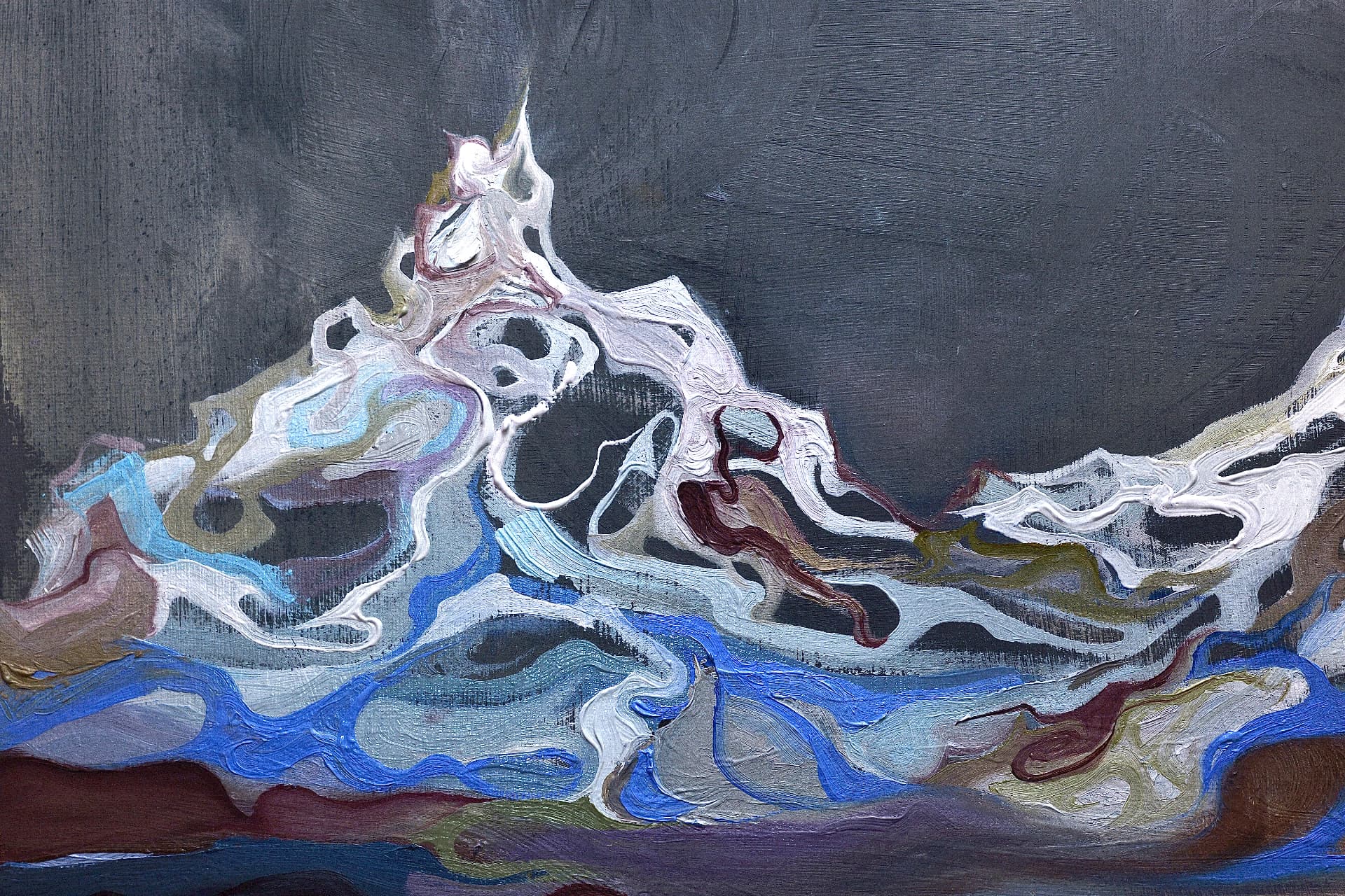 The Last Shape — detail of the ridge in shadow, showing white and oxblood contours against dark grey.