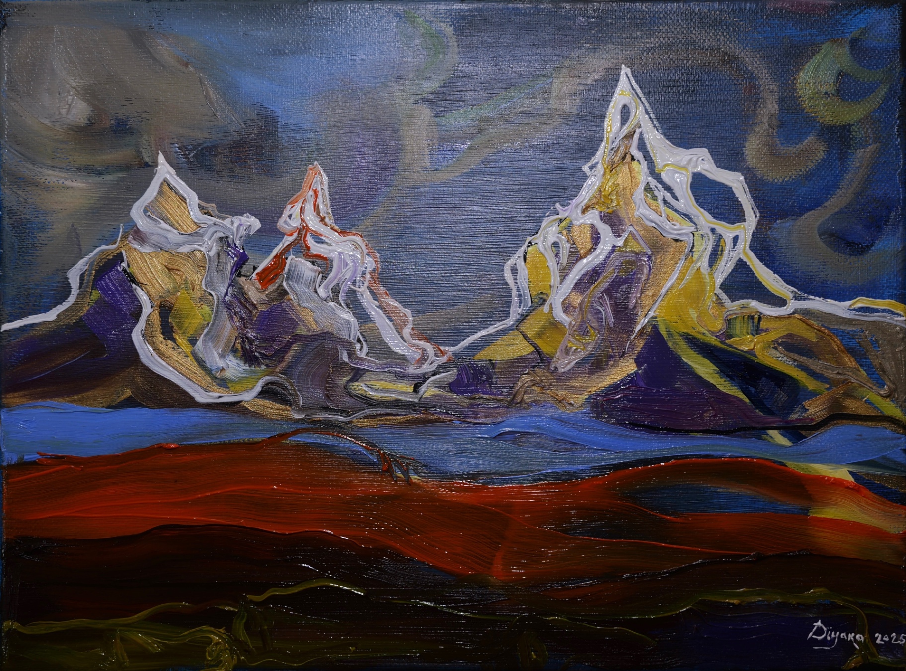 Solo Expedition, 2025 — oil on canvas. Three jagged white-crested peaks rise against a dim, smoke-blue sky, above broad bands of cobalt, deep red and earthen brown.