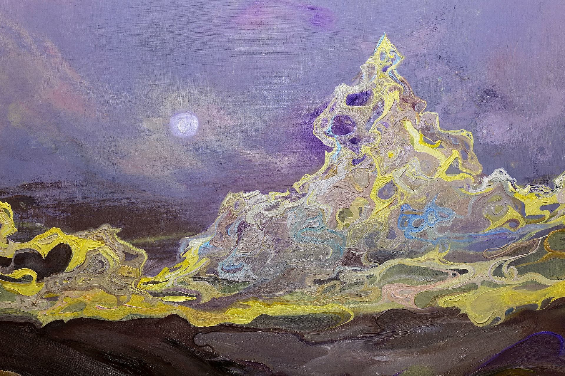 Quiet Voltage — detail of the central peak, showing thick yellow and pale impasto ridges against violet sky.