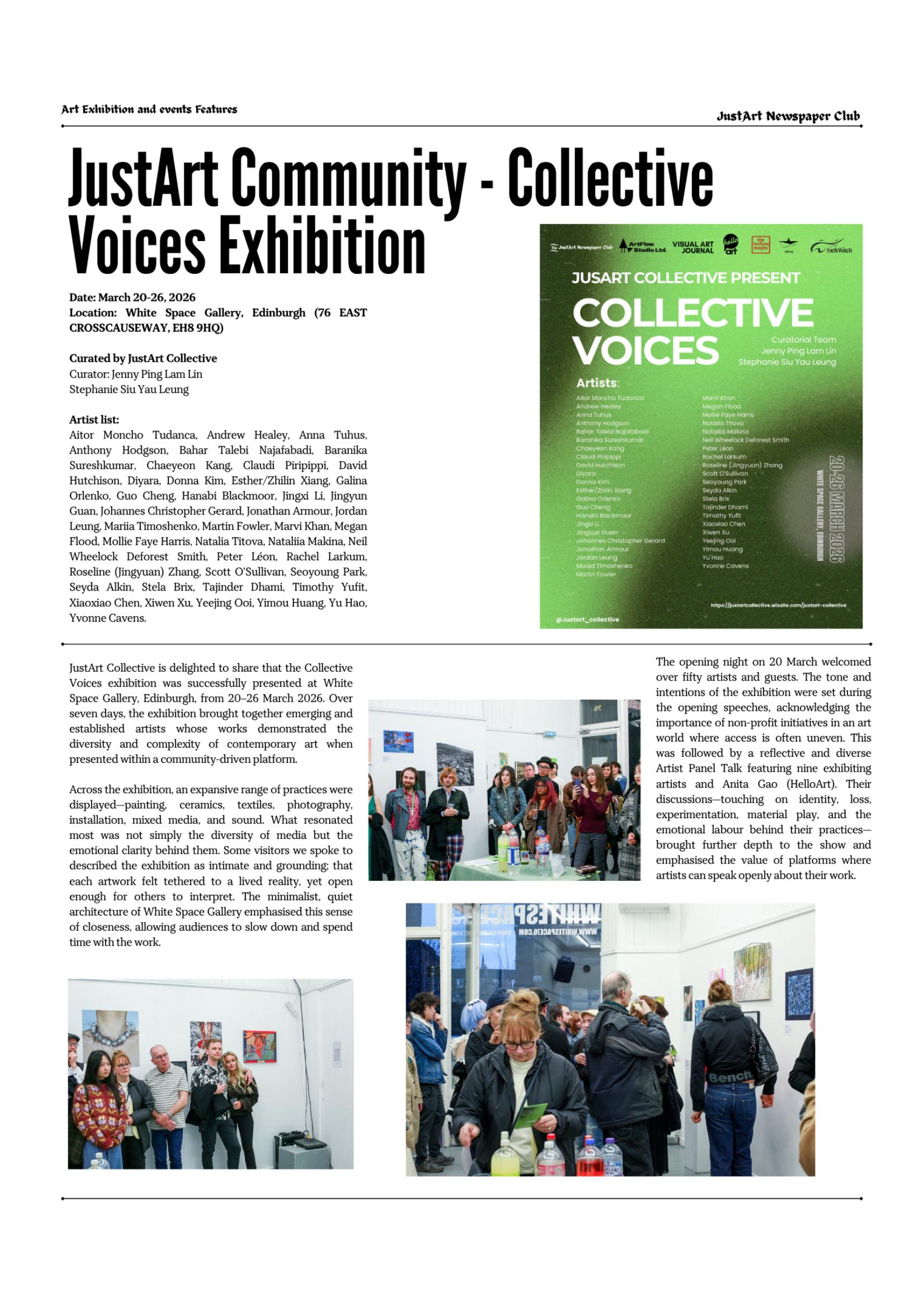 JustArt Newspaper Club publication documenting Collective Voices, page 1