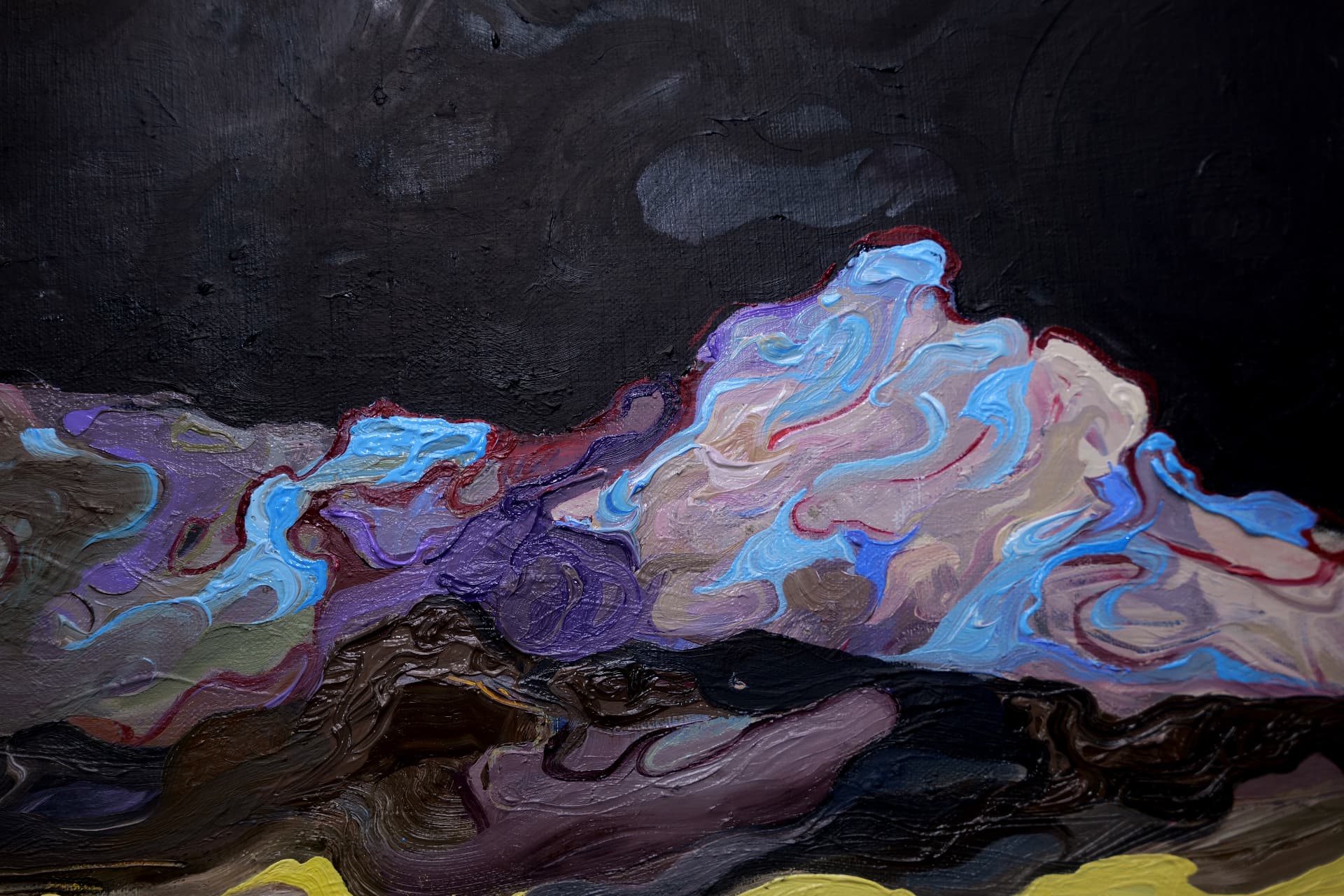 Eclipse Night — detail of the right-hand peak, showing pale rose and bright blue impasto edged in oxblood.