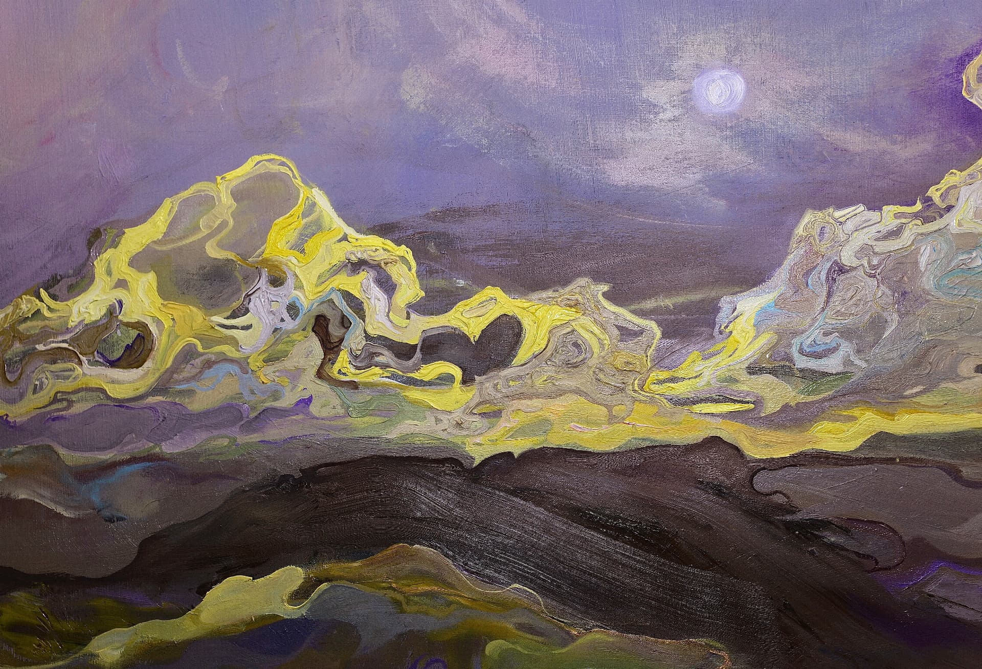 Quiet Voltage — detail of the left range and pale moon, showing layered yellow, green and violet brushwork.