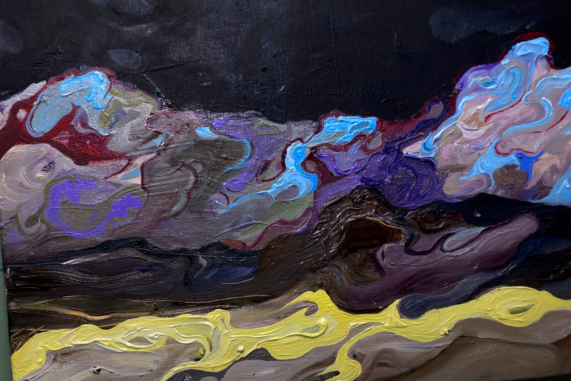 Eclipse Night — detail of the range and the yellow streak below, showing violet, brown and blue brushwork.