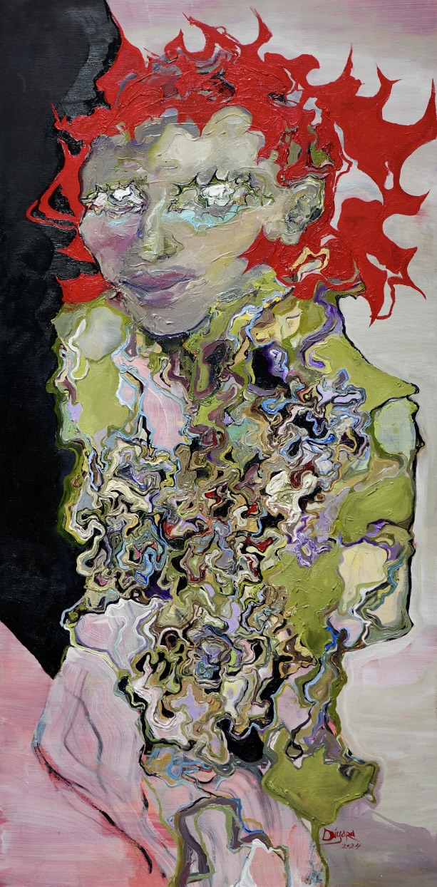 The Refugee, 2024 — oil on canvas. A vertical portrait of a figure with a flame-like red mane against a black void and pale rose ground; the body dissolves into intricate marbled green, violet and bone-white folds.