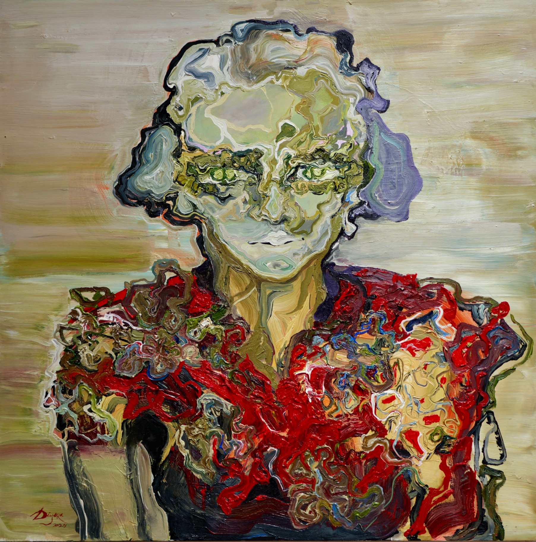 Red Offering, 2024 — oil on canvas. A frontal bust-length figure with a pale, marbled green and bone-white face dissolving into rippling contours, set against a softly streaked ochre and sage ground; the shoulders and chest erupt into dense, vivid red impasto threaded with blue, white and earth tones.